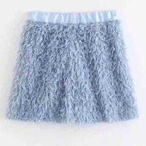 ZARA feather mini fuzzy skirt chic blue high waisted size S‎
